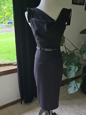 Black Halo Black Draped Sheath Midi Dress Sz 2